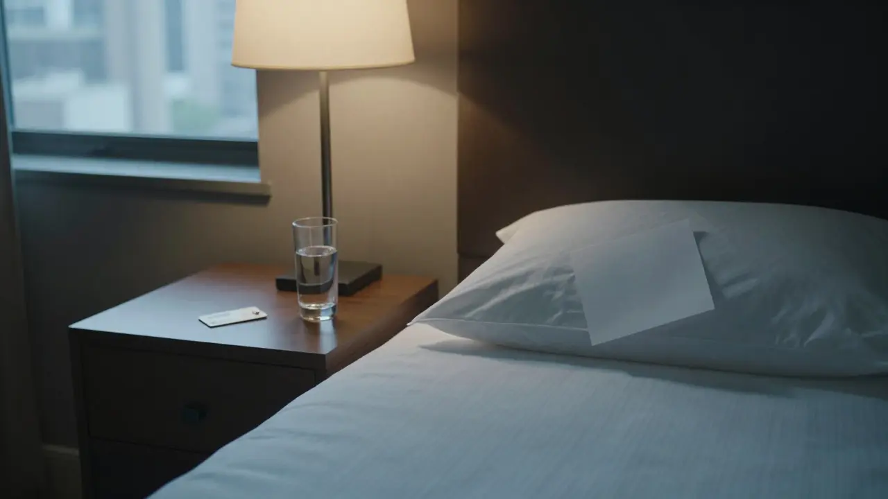 An empty hotel room with a folded note and keycard, conveying quiet professionalism and discretion.