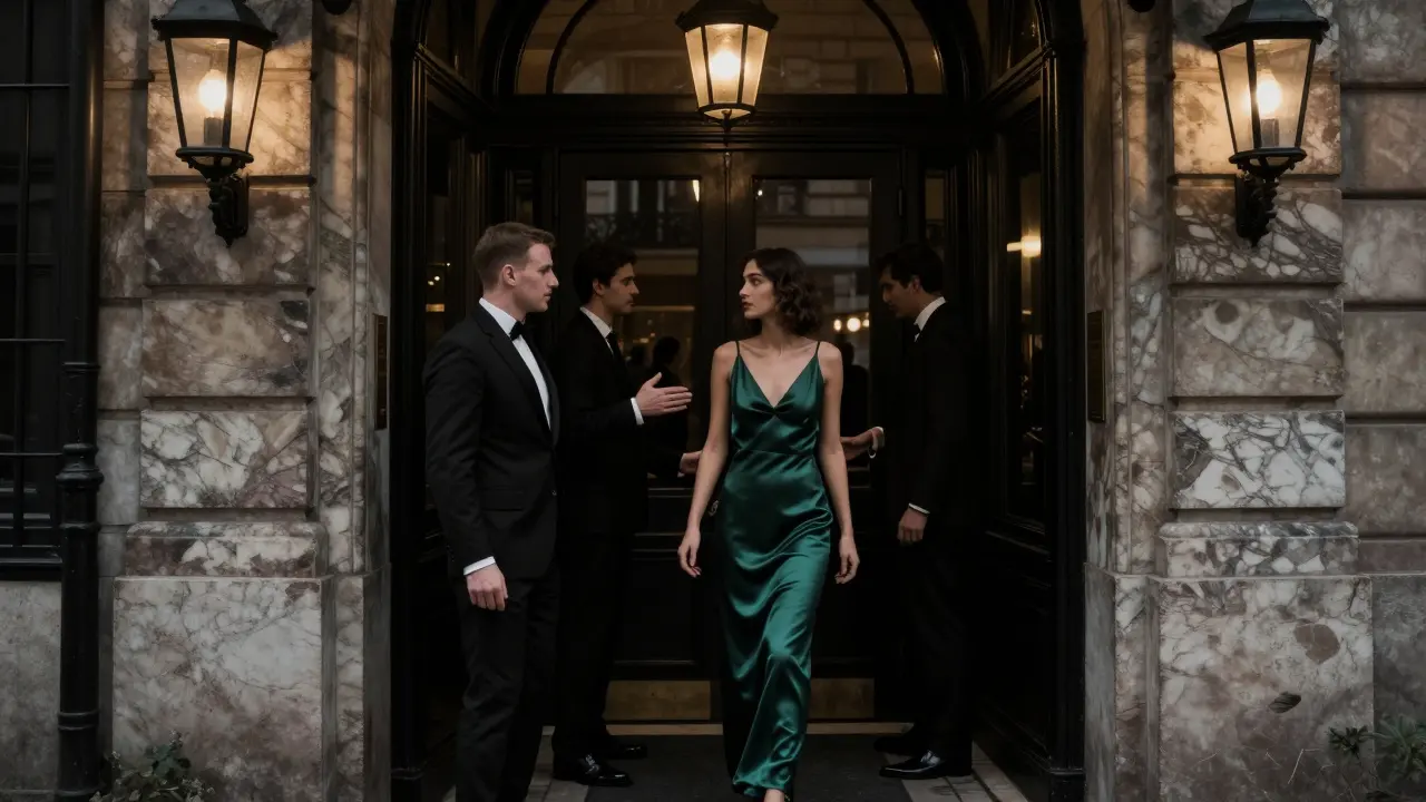 An exclusive entrance to a Monaco nightclub at midnight, where a bouncer nods silently to a guest in a silk gown.