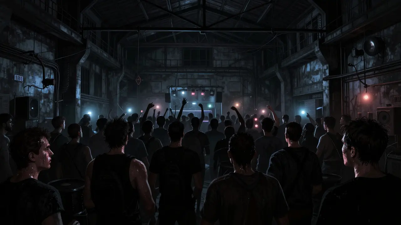 An underground club with blacklight, dancing crowd, and pounding bass in a raw industrial space.