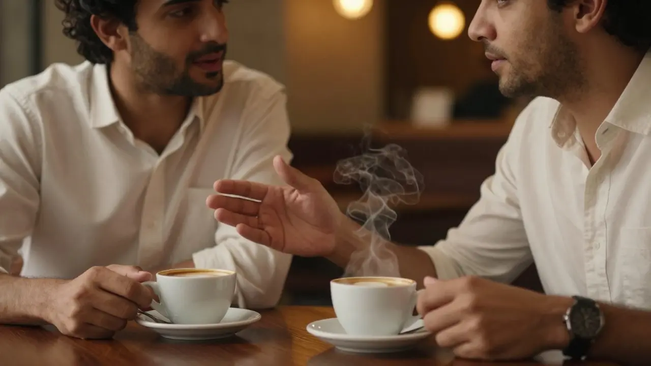 Close-up of active listening between two people over coffee in a warm setting.