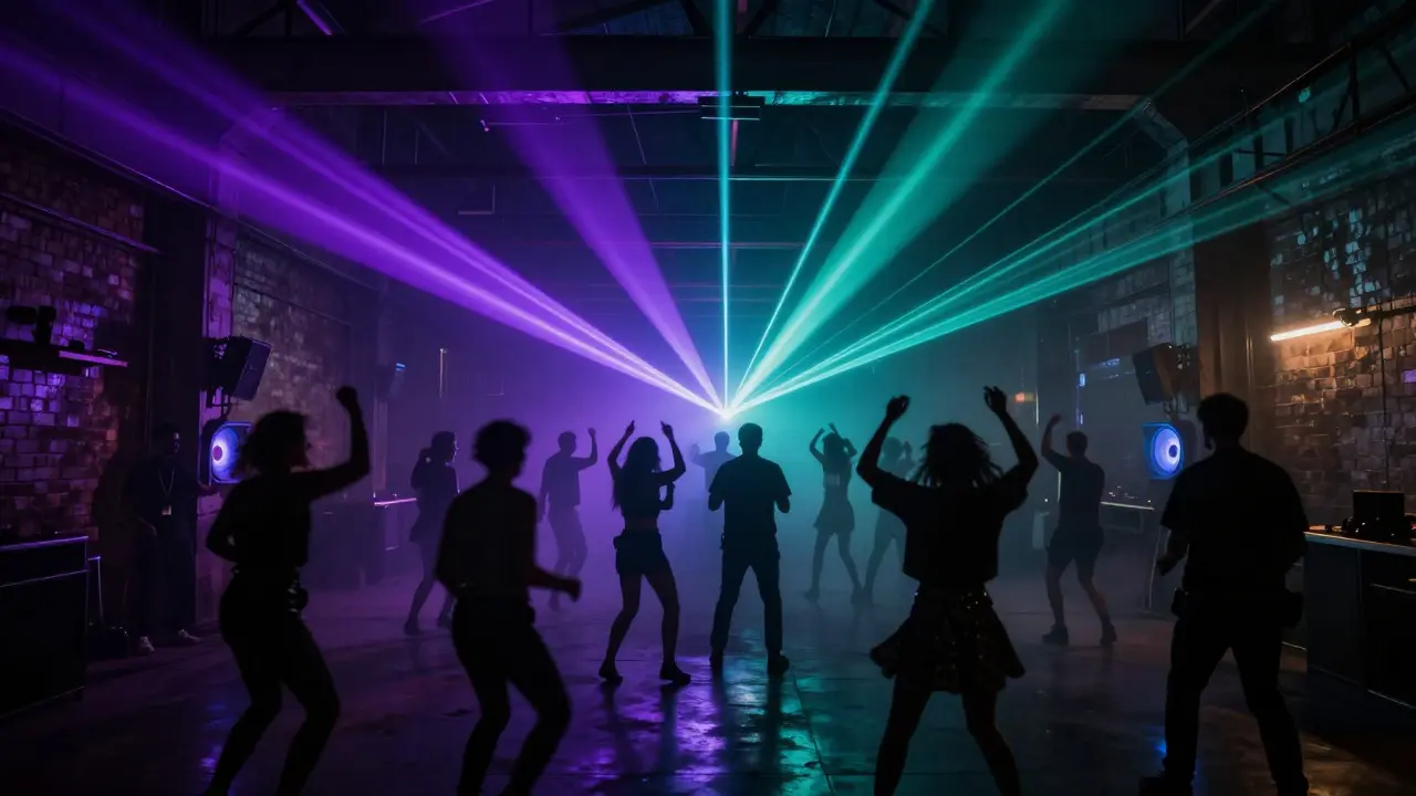 Crowd dancing in an industrial techno warehouse with strobe lights.