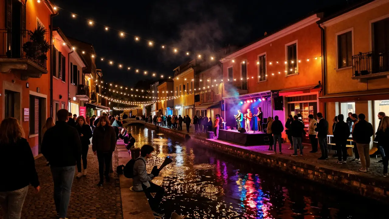 Crowded canal street in Milan at night with reflection lights.