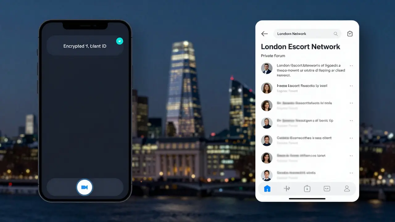 Digital screen showing encrypted messaging and a private escort forum with anonymous safety alerts.