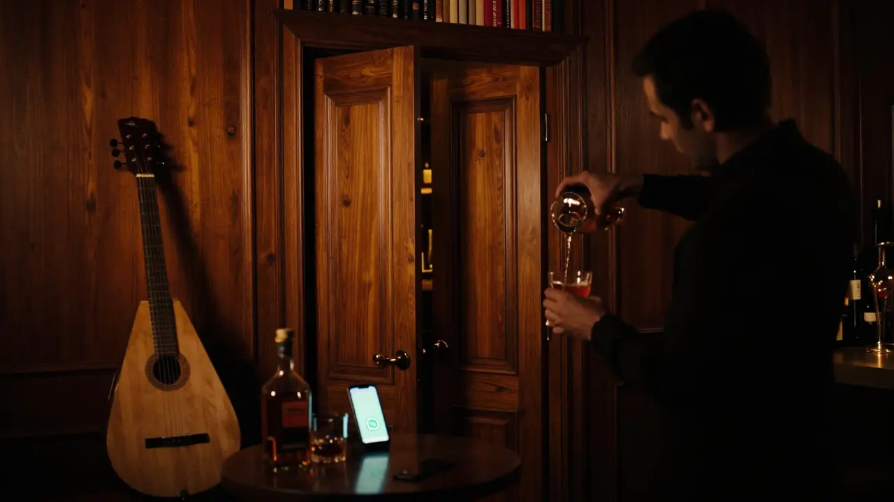 Dimly lit speakeasy bar with bartender pouring a smoky cocktail behind a hidden bookshelf door.