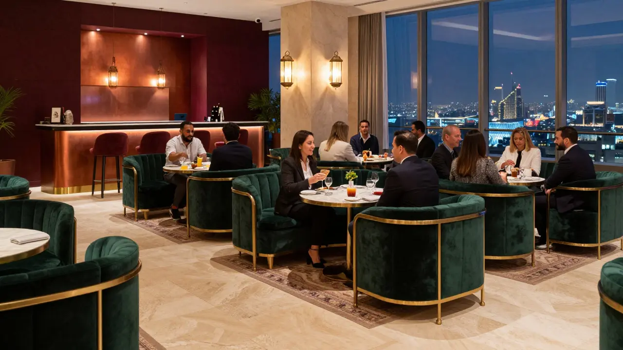 Elegant Dubai hotel lounge with guests at tables in evening light