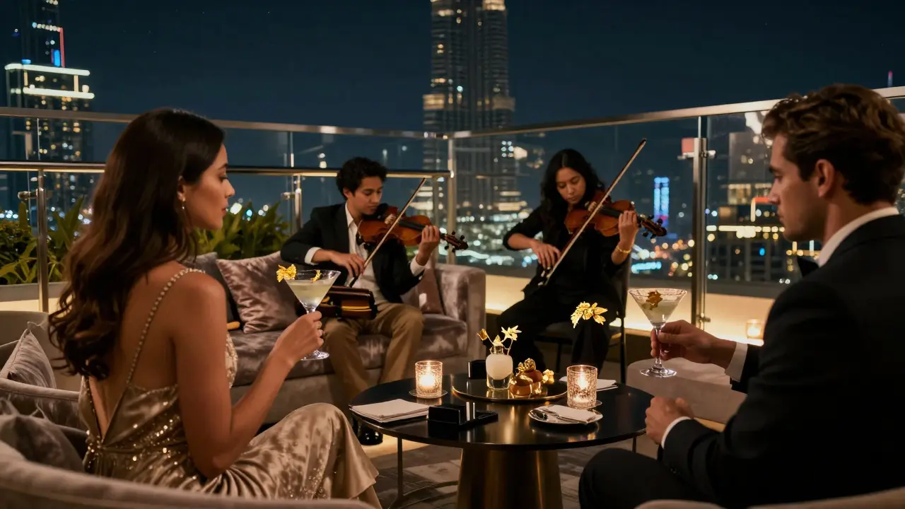 Elegant guests at Cielo Sky Lounge sipping martinis under stars while live musicians play strings in the background.