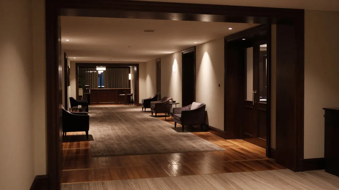 Empty upscale hotel hallway with warm lighting