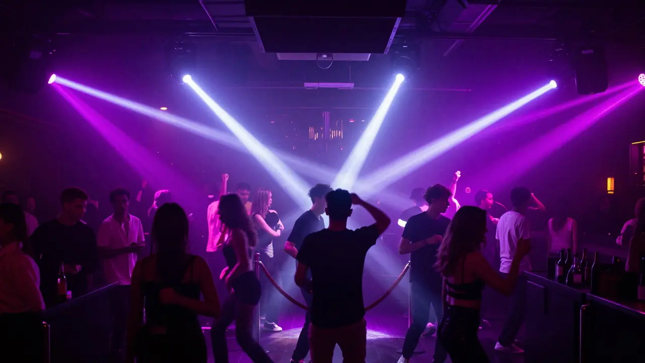 Energetic crowd dancing under neon lights inside a nightclub.
