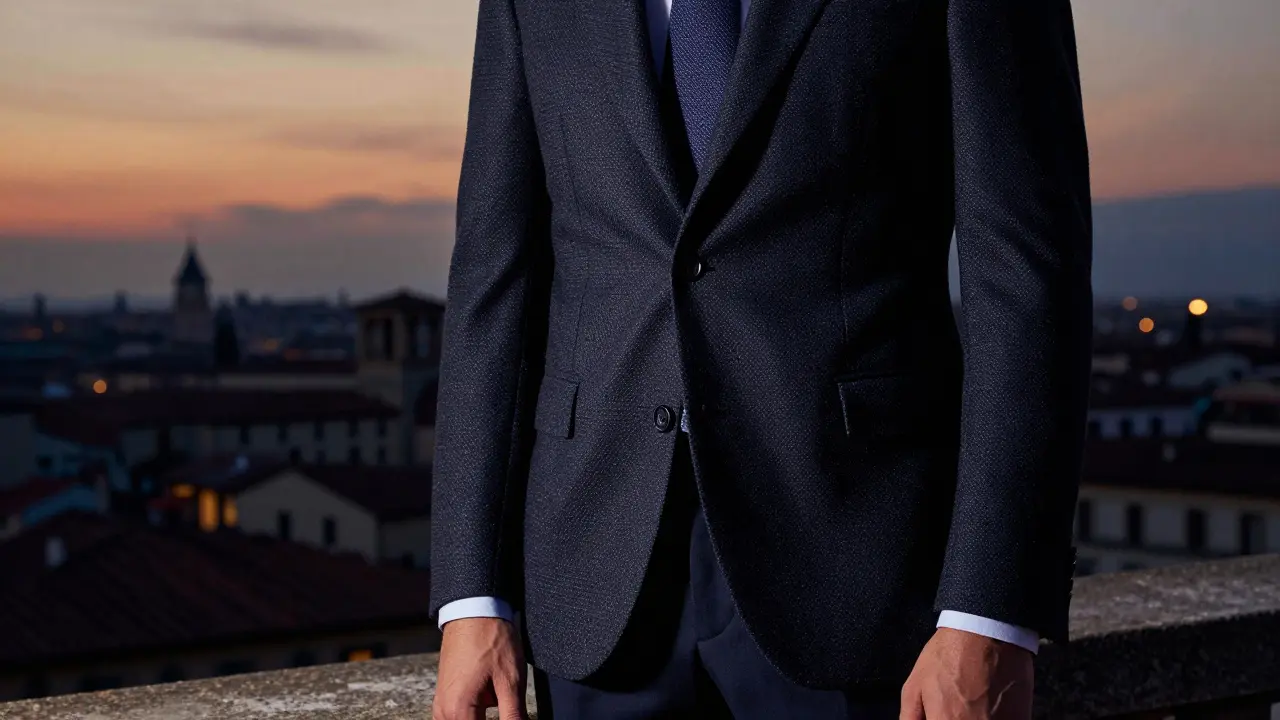 Formal attire portrait against blurred Milan cityscape representing etiquette