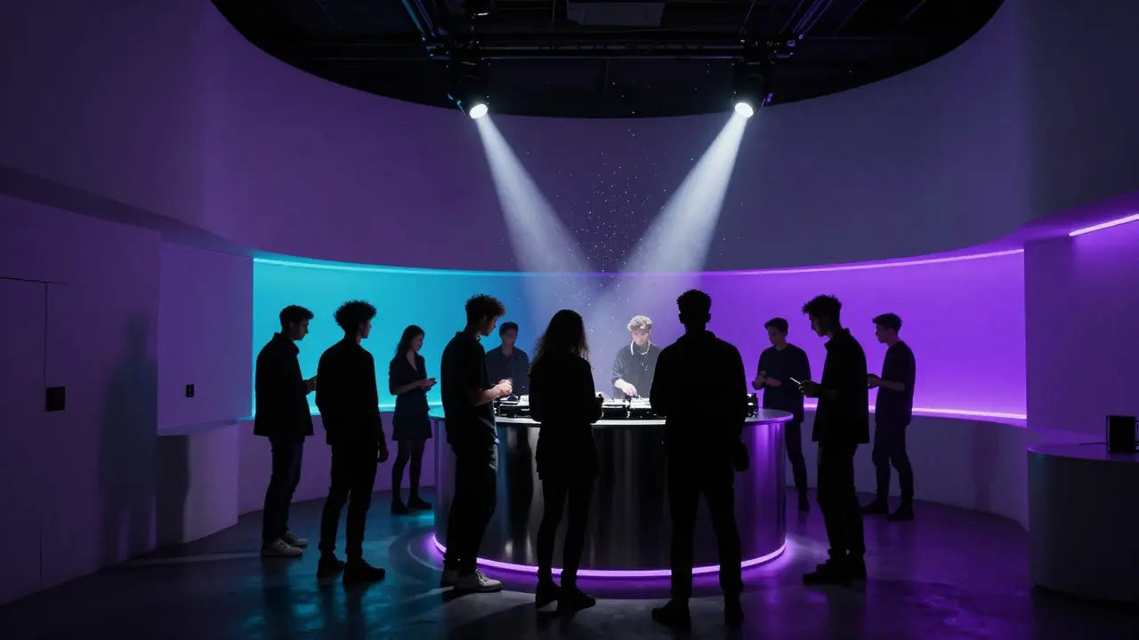 Futuristic nightclub interior with monochrome LED lighting and crowd