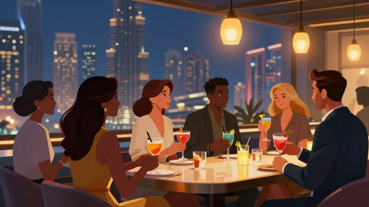 Guests enjoying drinks at a luxury rooftop bar overlooking the city.