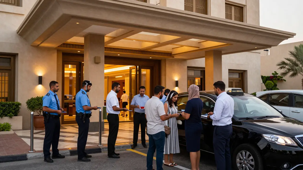Guests entering upscale venue with security checking passes