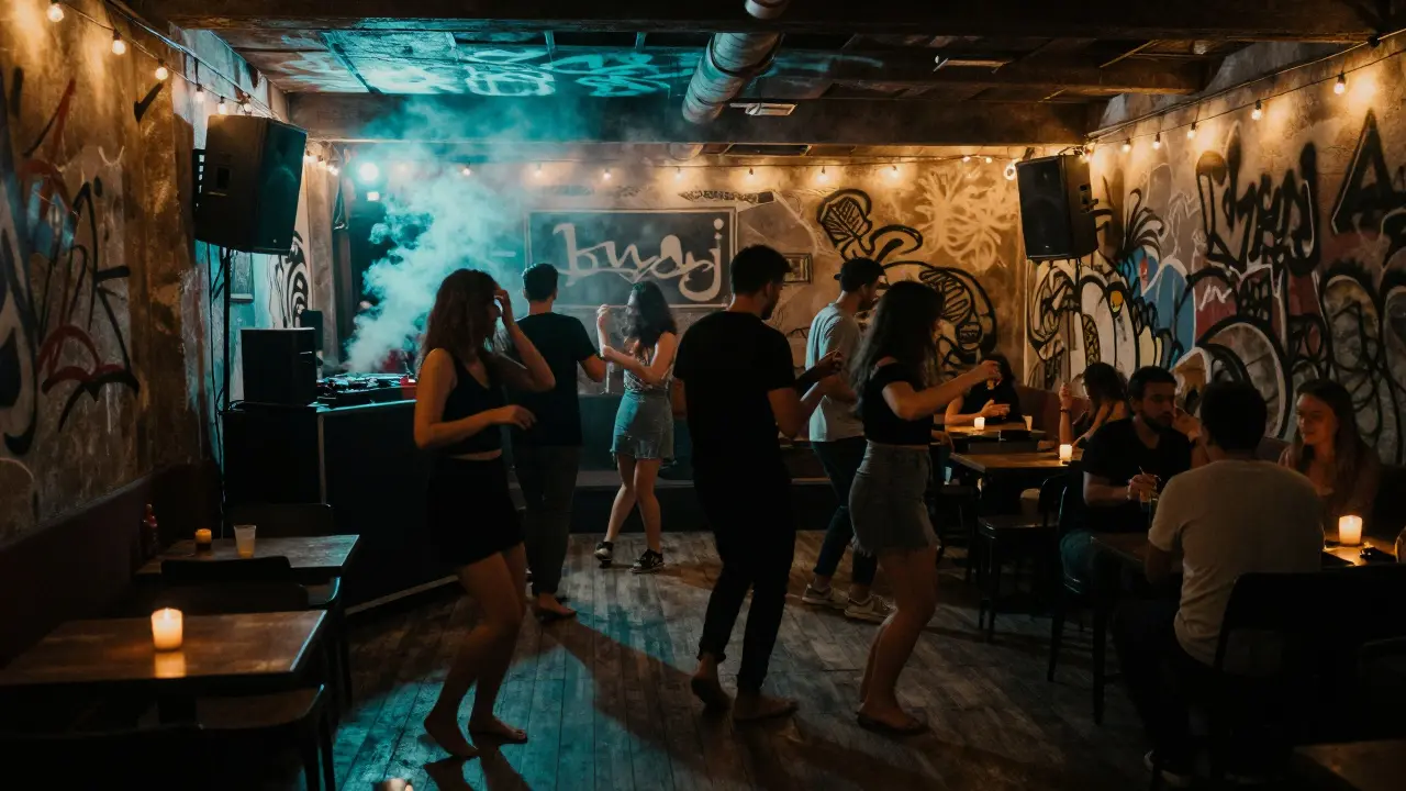 Hidden underground techno lounge in Al Quoz with no phones, candlelight, and dancers on wooden floor.