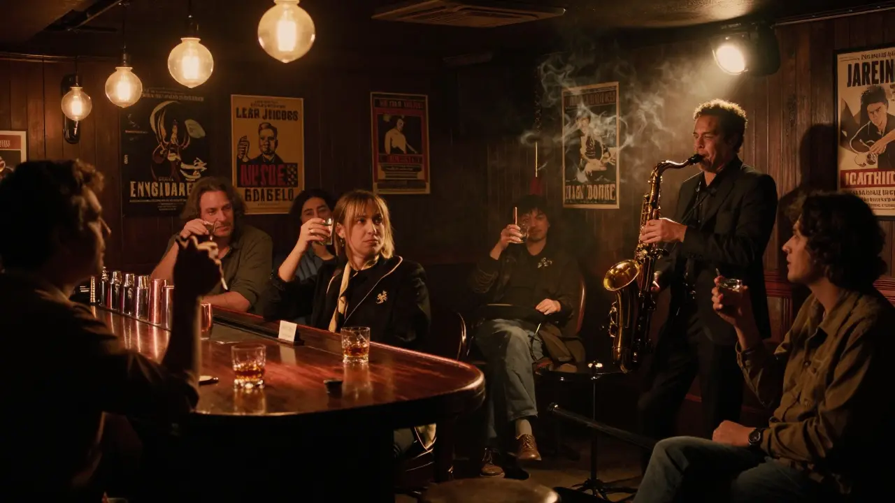 Intimate jazz club interior with dim lighting, a saxophonist performing, and patrons enjoying drinks in quiet reverence.