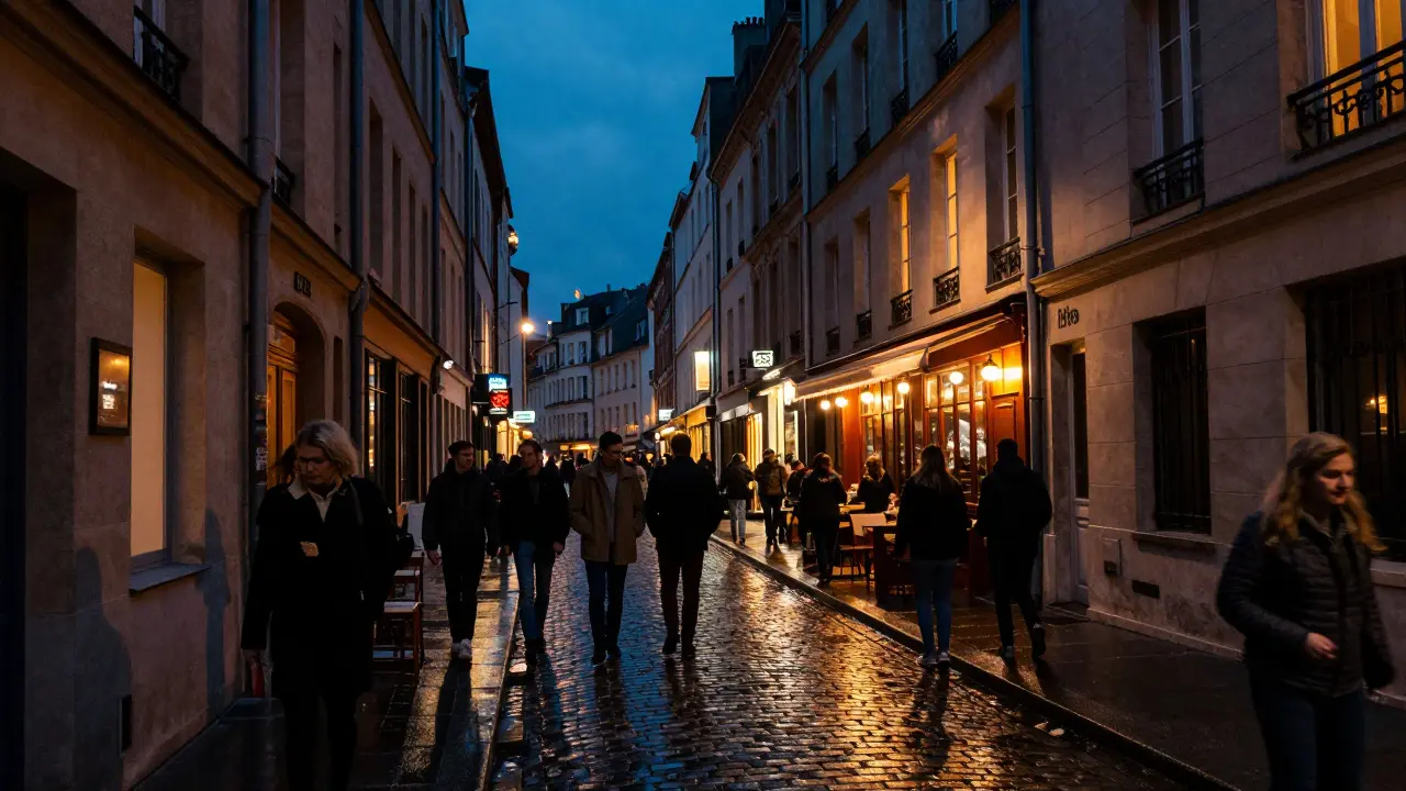 Narrow Parisian alley lit by warm cafe lights at night.