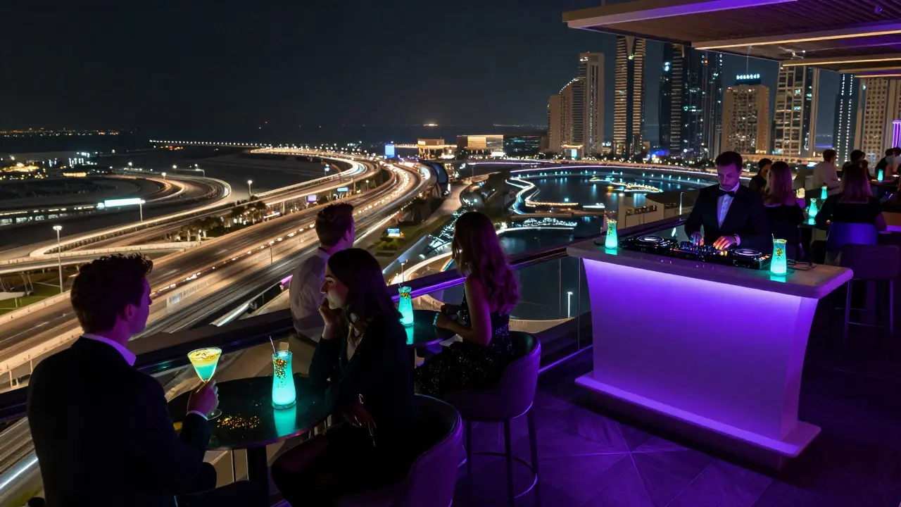 Neon-lit rooftop bar with city and race track views, guests sipping glowing drinks under night sky.
