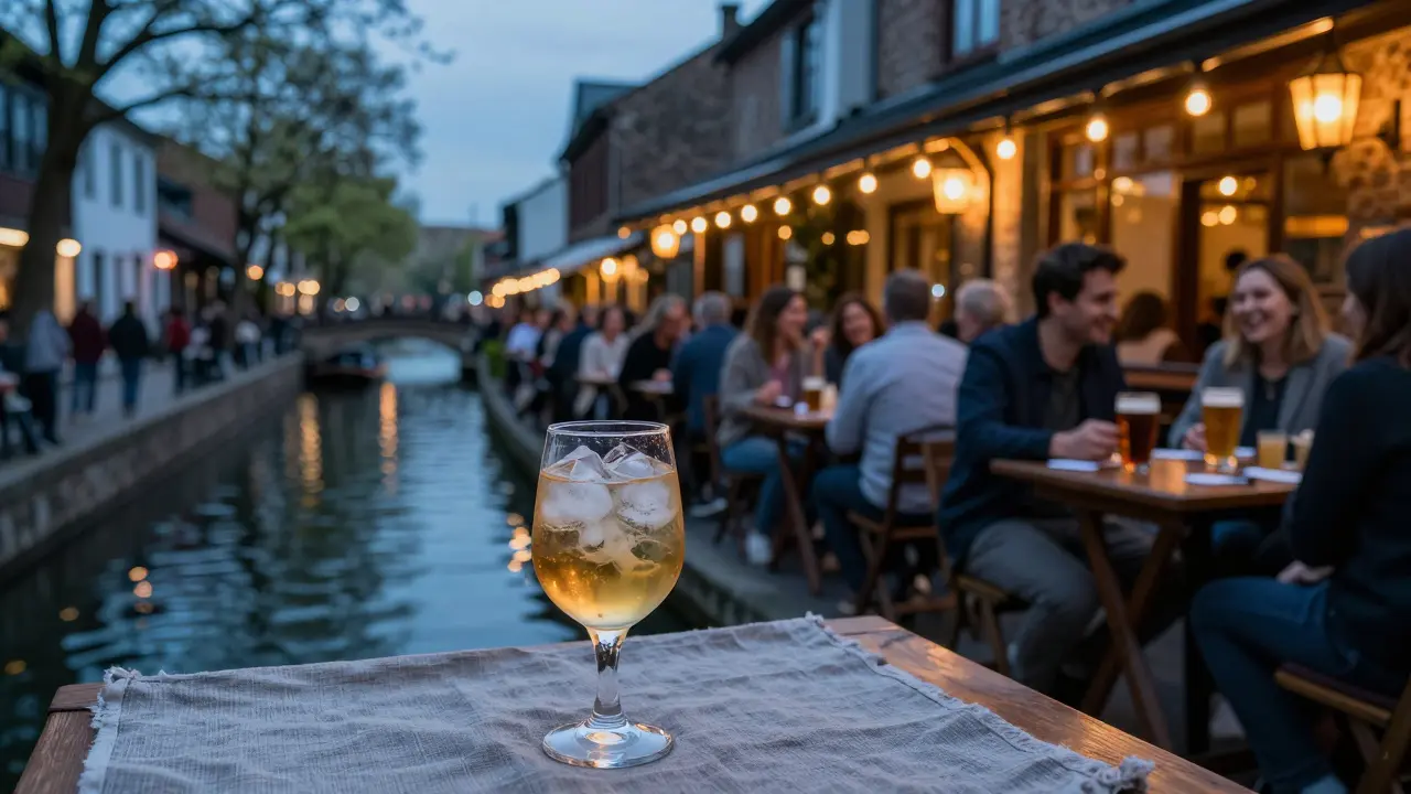 Outdoor canal terrace with cocktails during spring evening twilight.