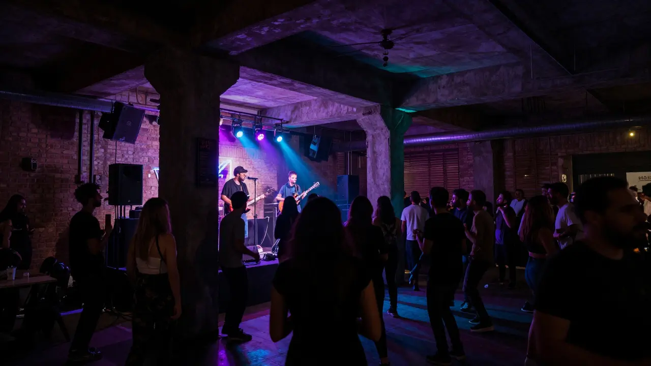 People dancing in an industrial style underground music venue.