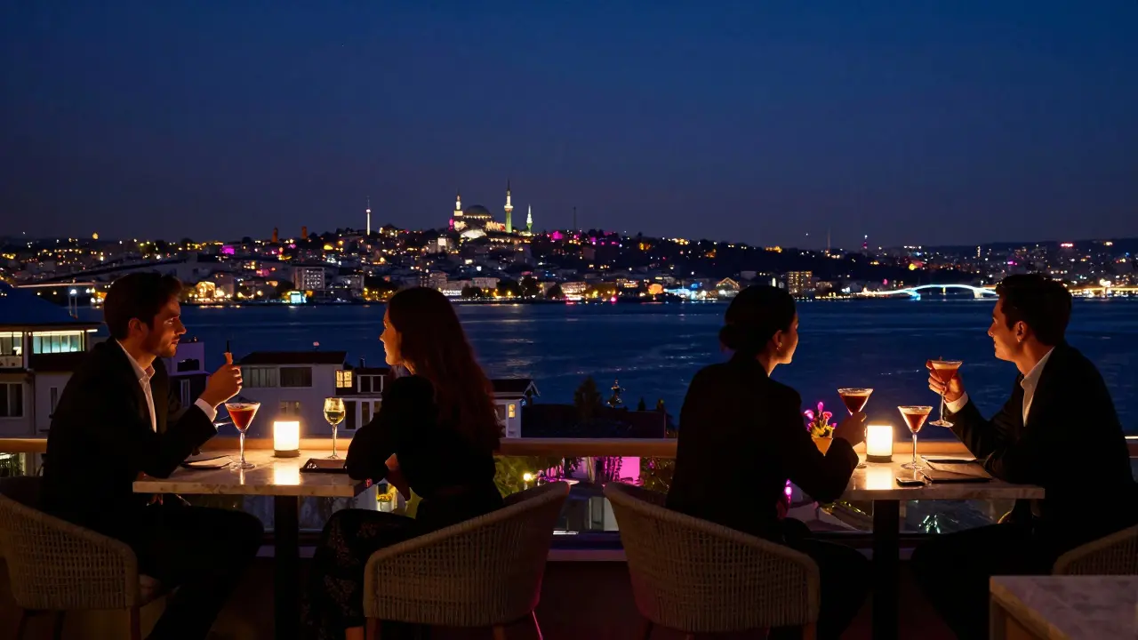 People enjoying drinks on a Bebek rooftop with views of Istanbul skyline at night