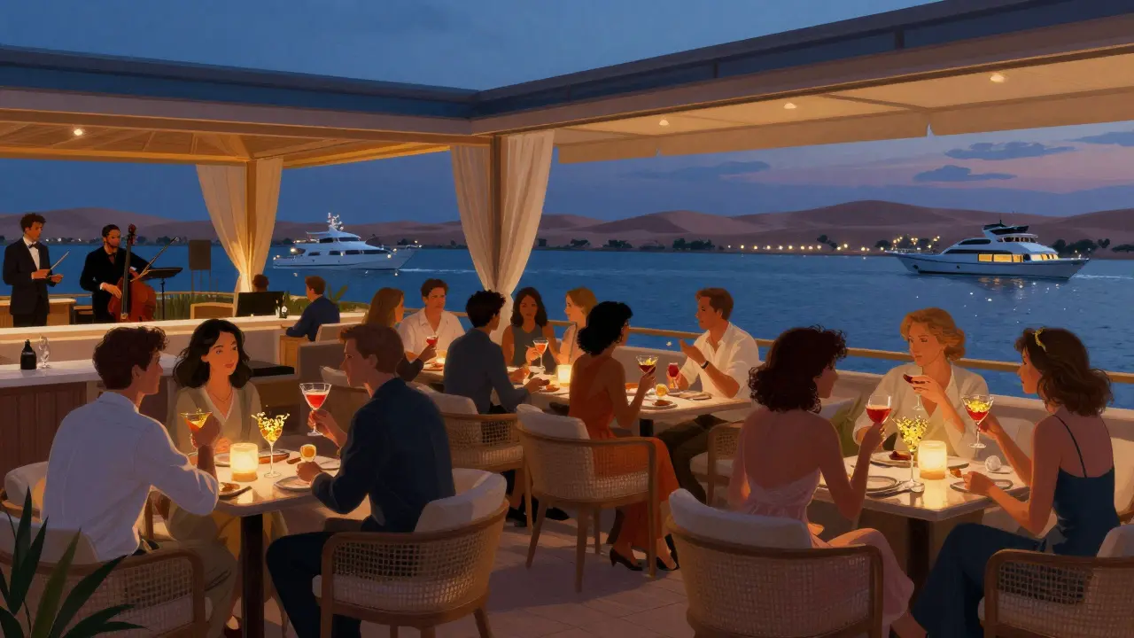 People relaxing at Skyview Lounge with panoramic city lights, yacht marina, and soft jazz ambiance at twilight.