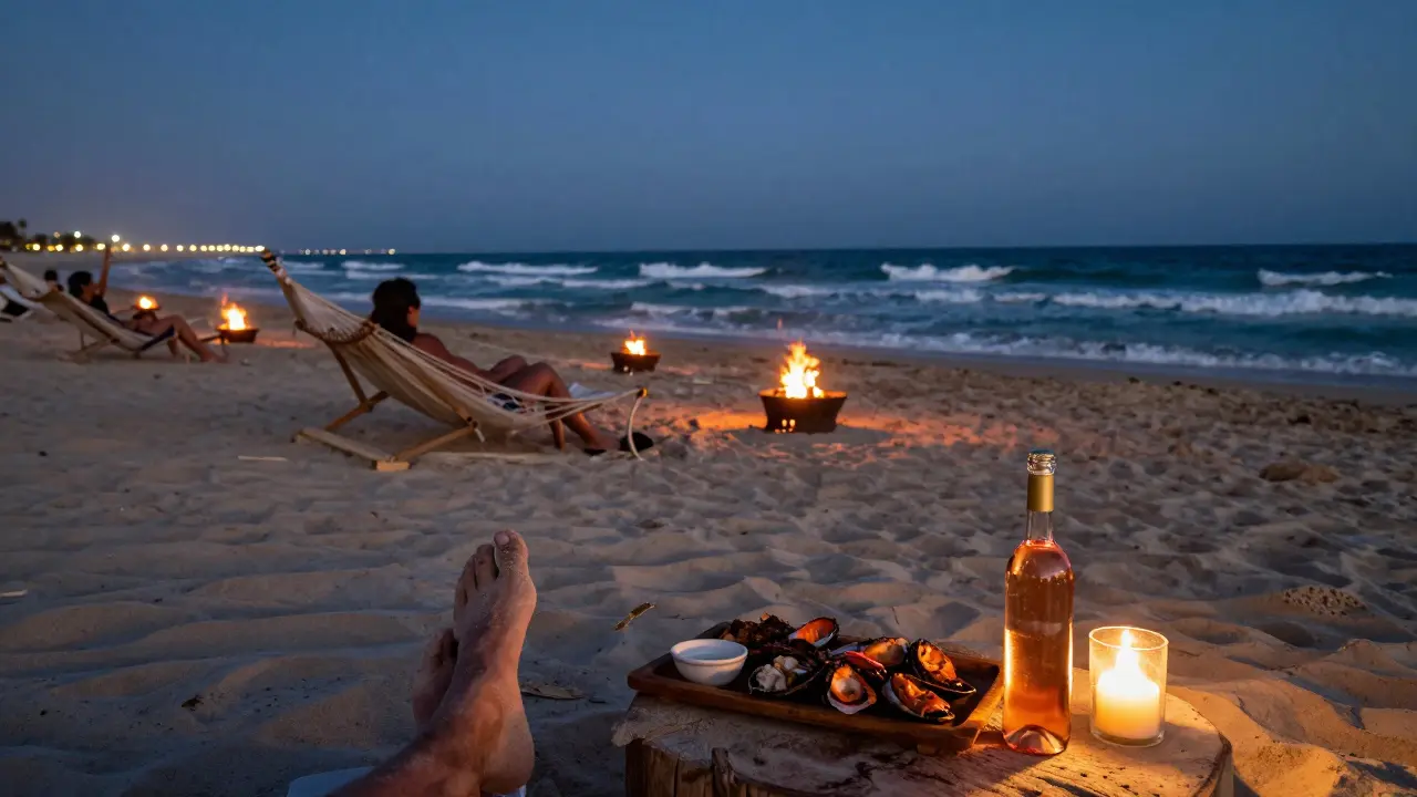 People relaxing on a beach at night around fire pits with hammocks and waves in the background.