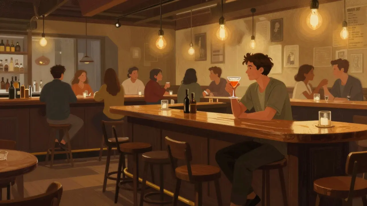 Person enjoying a drink at a communal bar table in warm light.