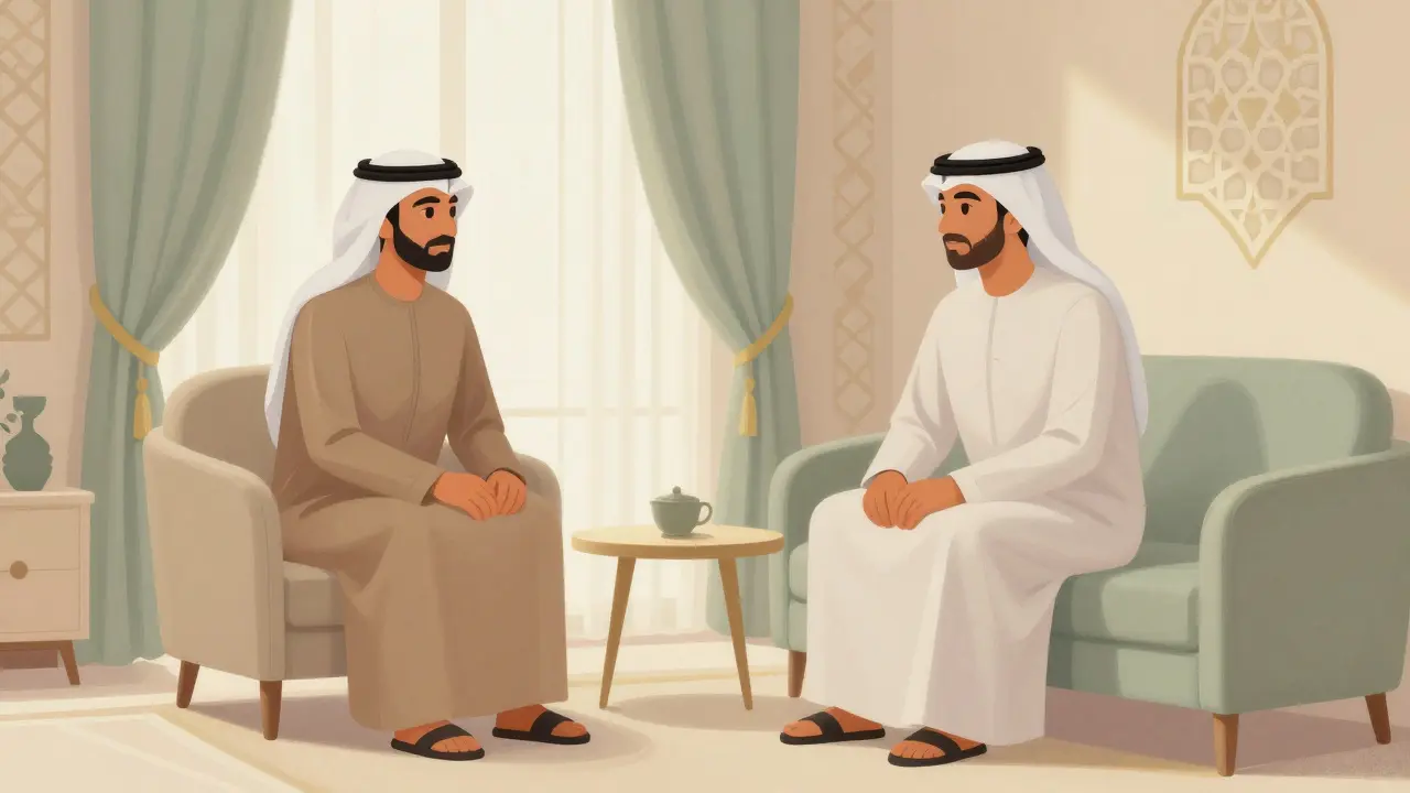 Private room with geometric art and soft lighting showing cultural respect and privacy.