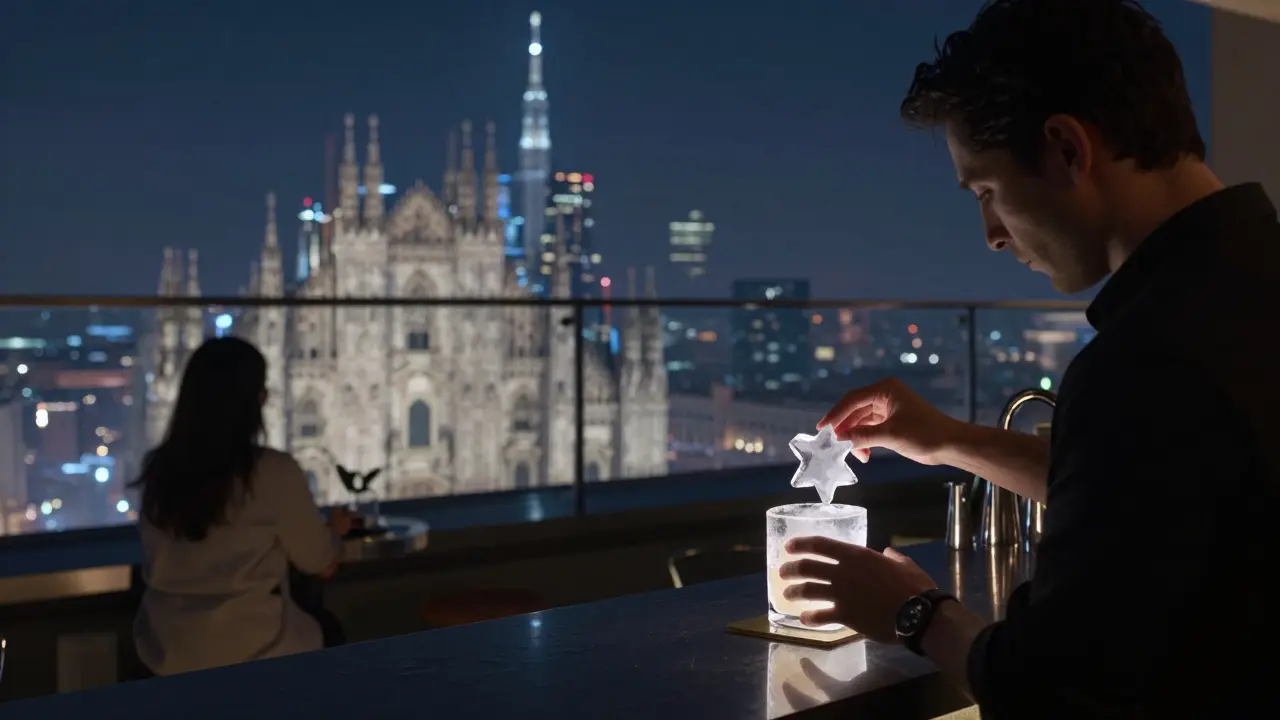 Rooftop terrace at night with panoramic Milan skyline and a bartender crafting a cocktail with star-shaped ice.