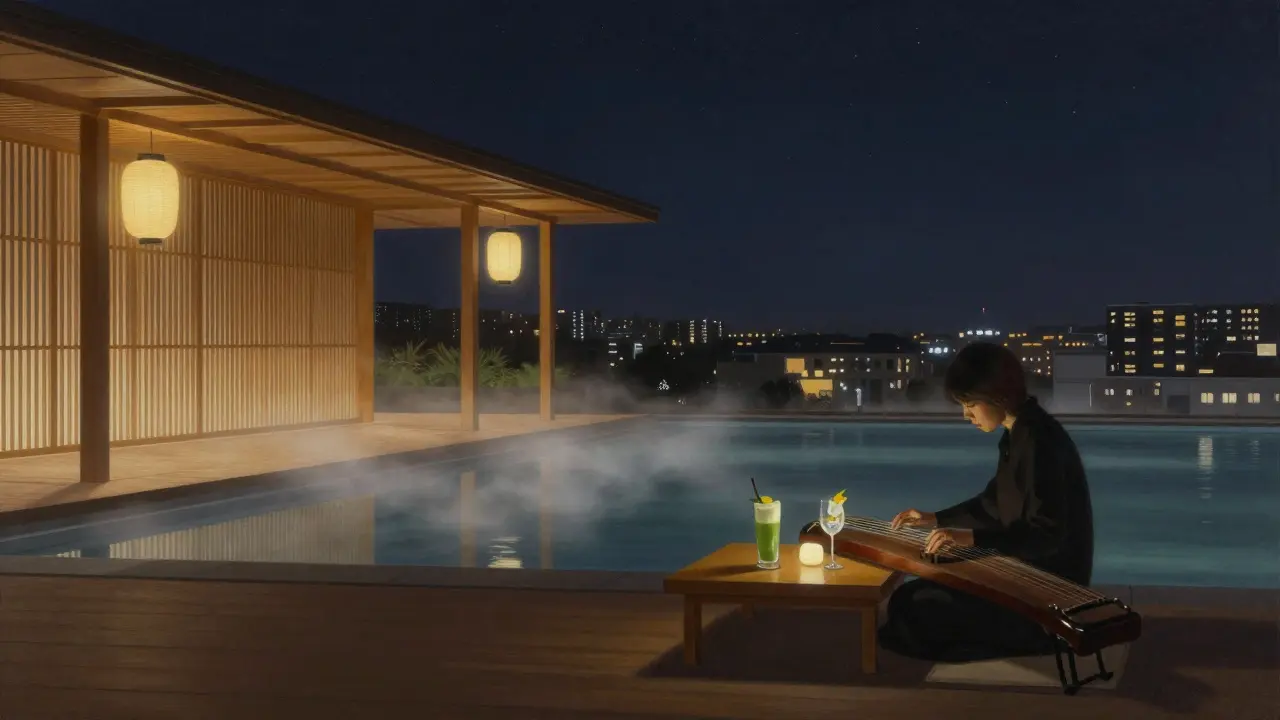 Serene Japanese-inspired rooftop lounge with lanterns, water feature, and city reflections under a starlit night sky.