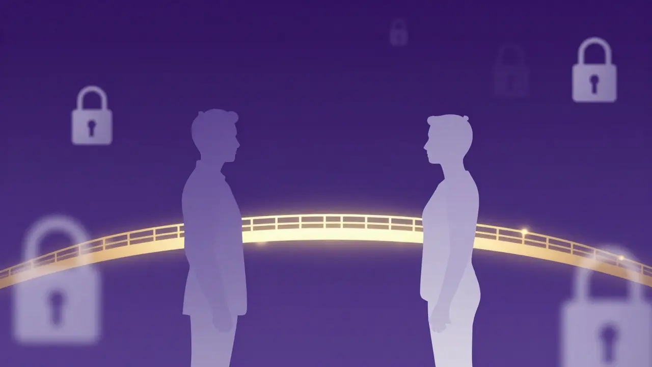 Stylized silhouettes linked by light representing verification