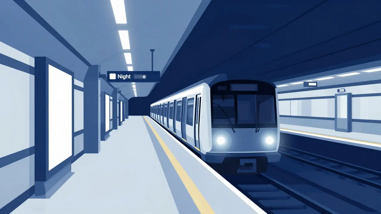 Stylized view of a glowing Night Tube platform with arriving train.