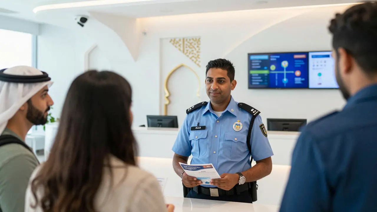Tourist police officer assisting visitors at Dubai information center