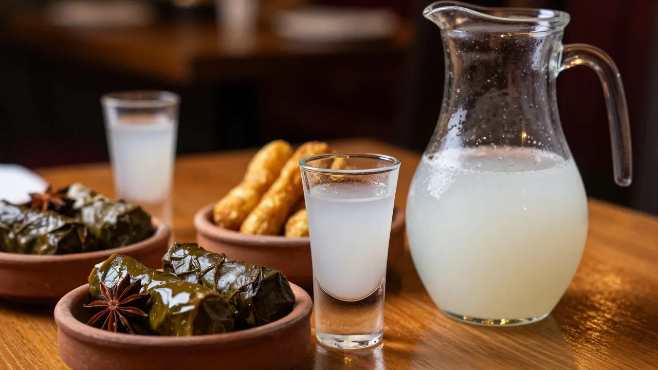 Traditional Turkish Raki glass turning milky white with meze plates on table