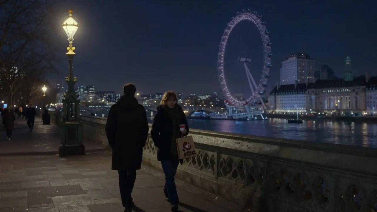 Two figures walking peacefully along the Thames at night, lampposts glowing, mist rising from the river.