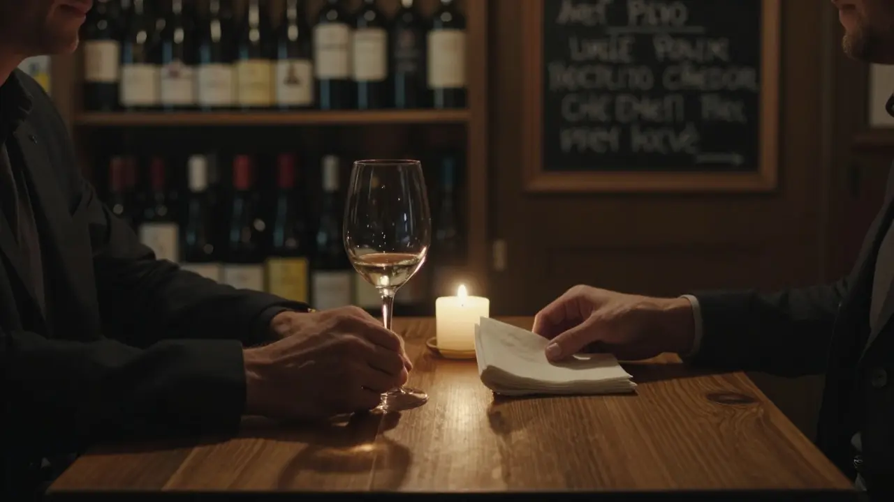 Two hands on a wooden table in a dim Parisian wine bar, candlelight casting warm shadows.