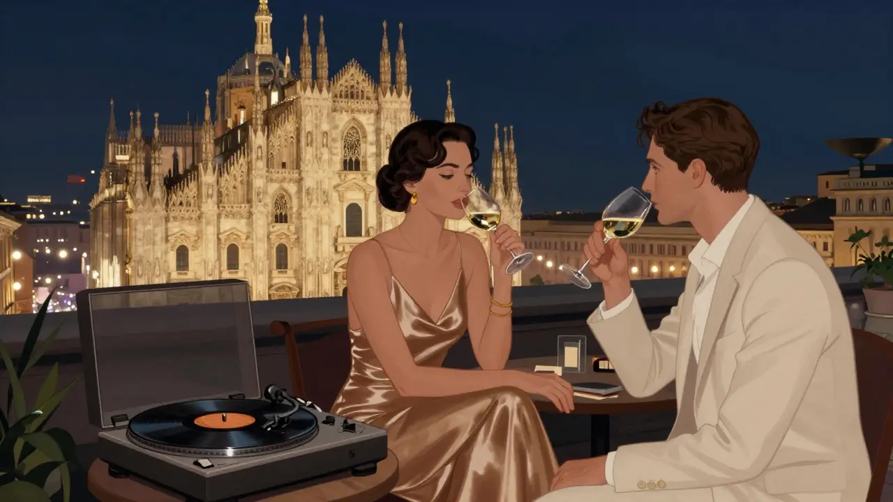 Two people enjoy a quiet night on a Milan rooftop, overlooking the Duomo, with a jazz record playing.