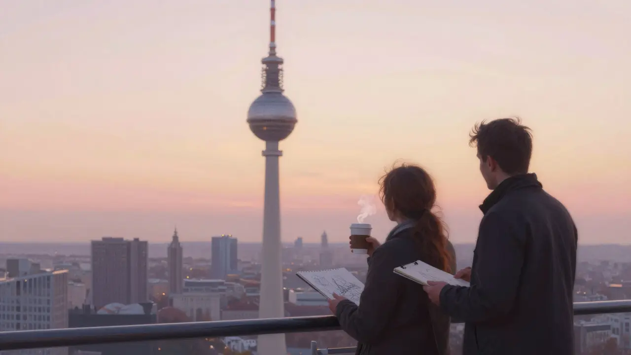 Two people enjoy a quiet sunrise atop Berlin's Fernsehturm, sharing companionship without romance.