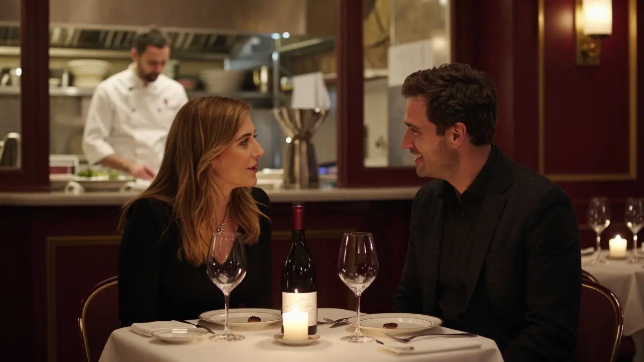 Two people share an intimate dinner at a hidden Parisian bistro, candlelight reflecting off fine china.