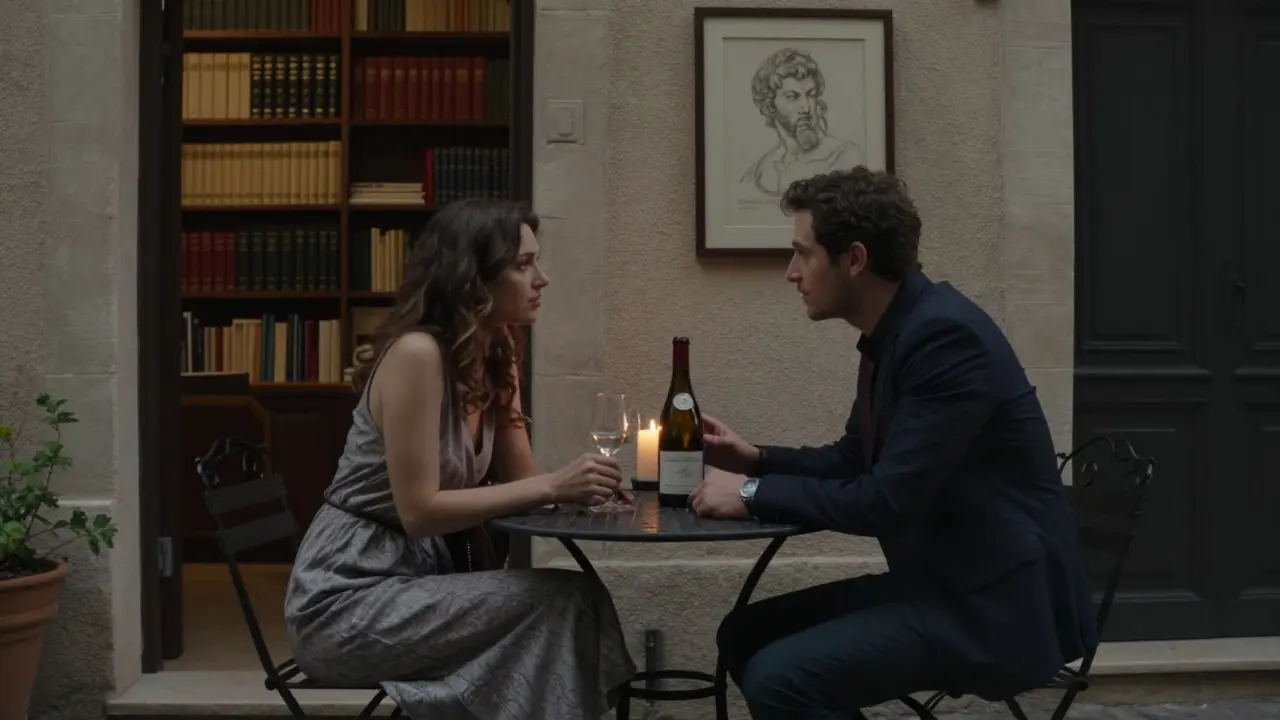 Two people share wine in a quiet Parisian courtyard, surrounded by art books and candlelight, deep in quiet conversation.