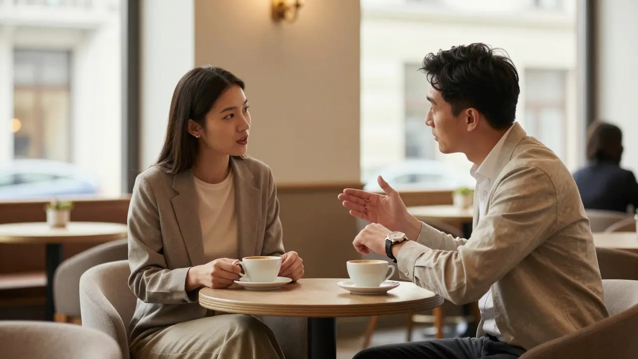Two people talking politely at a cafe table with coffee cups