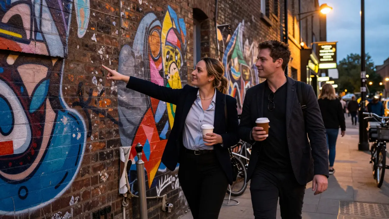 Two people walking through Brick Lane at twilight, admiring colorful street art under soft streetlights.