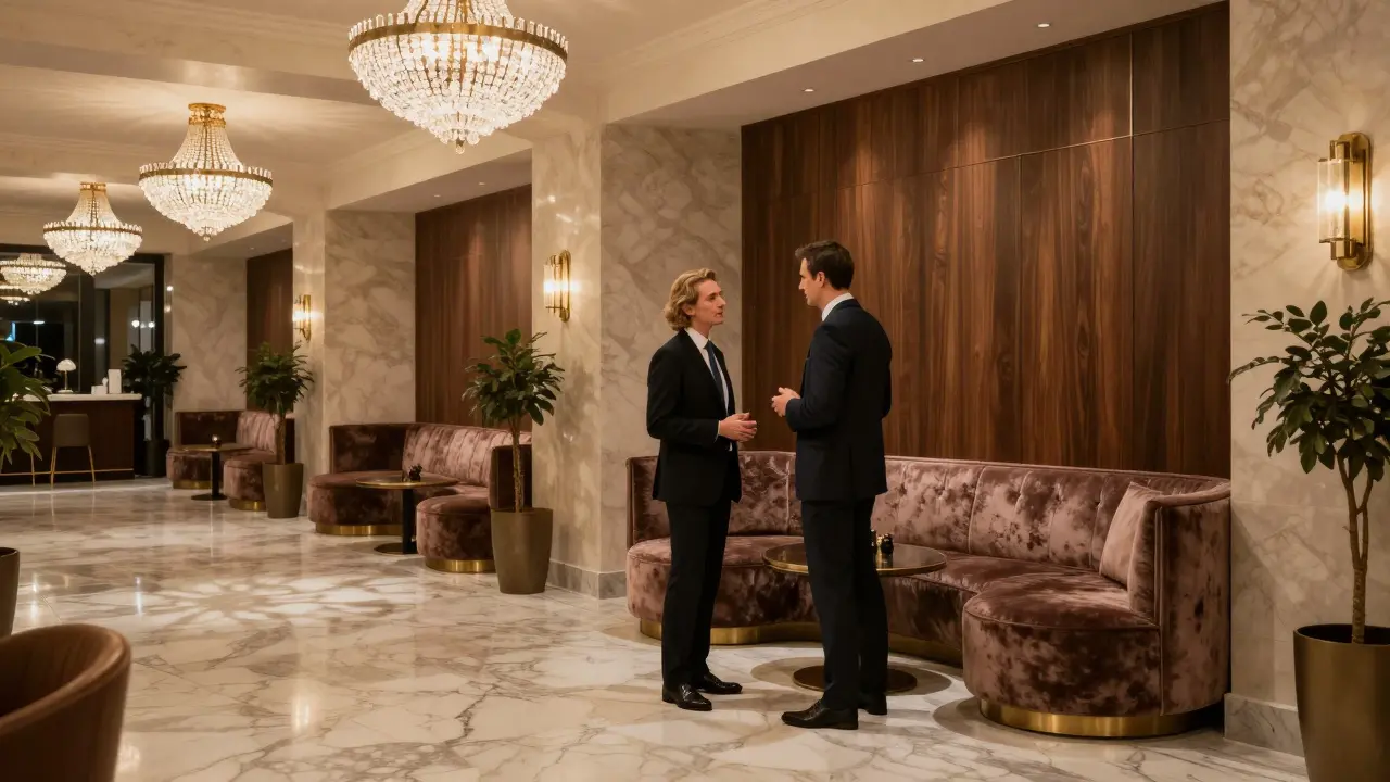 Two professionals meeting discreetly in a luxury hotel lobby setting