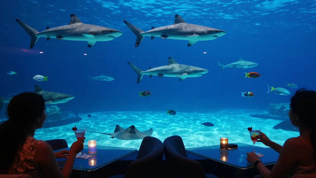 Underwater lounge with guests at glass tables surrounded by sharks and fish in a glowing aquarium.
